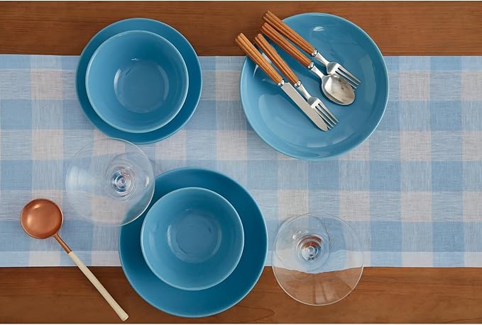 Solino Home Linen Checkered Table Runners 72 Inches Long - 100% Pure Linen Blue Bell Buffalo Check Table Runner 14 x 72 Inch Ideal for Dresser, Dining, Spring, Easter, Winter