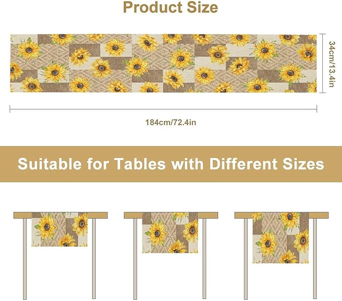 Farmhouse Sunflower Table Runner, Rustic Vintage Linen Patchwork Summer Yellow Floral Table Cover for Bithday Party Home Kitchen Dining Room Decor, 13x90inch