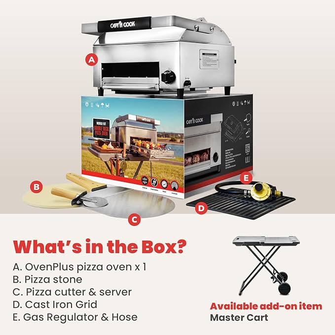 CAPT'N COOK OvenPlus Pizza Oven Outdoor Gas Pizza Oven, Portable Propane Pizza Oven with Double Cooking Deck, Smokeless Outdoor Pizza Maker with Pizza Stone, Cutter and Peel for Backyard BBQ Camping