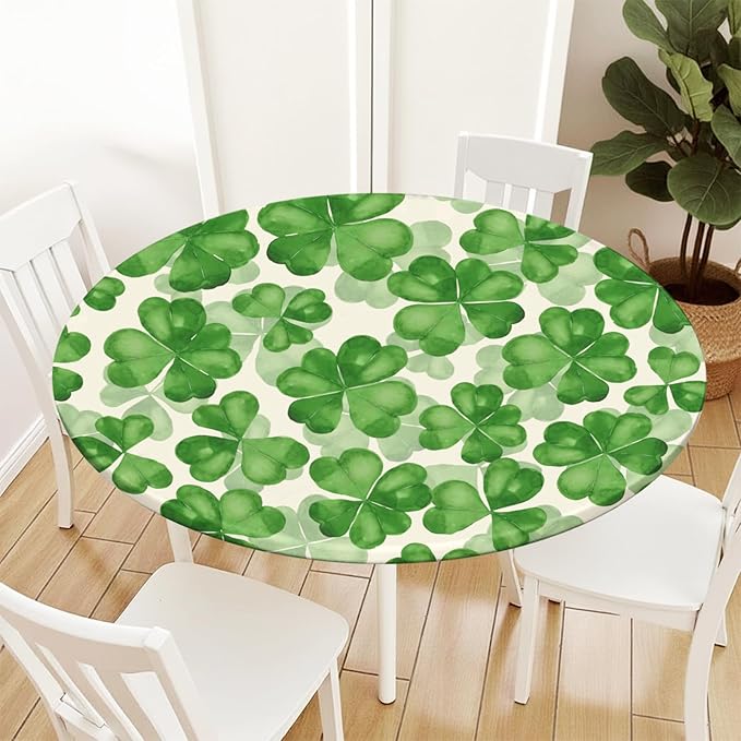 St Patricks Day Round Fitted Tablecloth with Elastic Spring Green Watercolor Shamrock Circle Table Cloth for 40-44" Tables Waterproof Washable Clover Leaf Floral Table Cover for Outdoor Picnic Dining