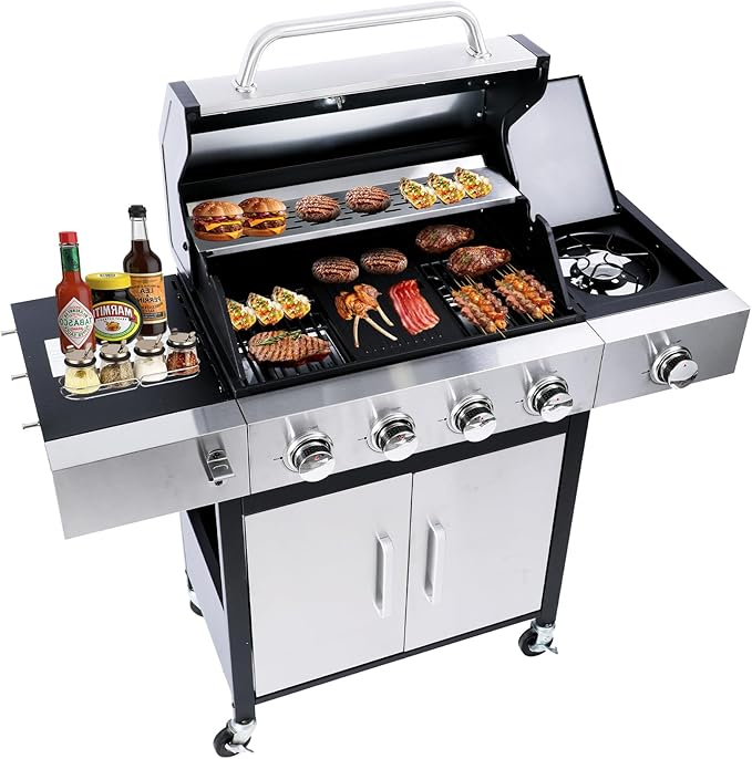 CIG GARDEN 4 Burner Propane Gas Grill with Side Burner, 52,000 BTU BBQ Grill with Cast Iron Grates and Double-layer Stainless Steel Lid, Outdoor Barbecue Grill Perfect for Balcony, Backyard, Camping