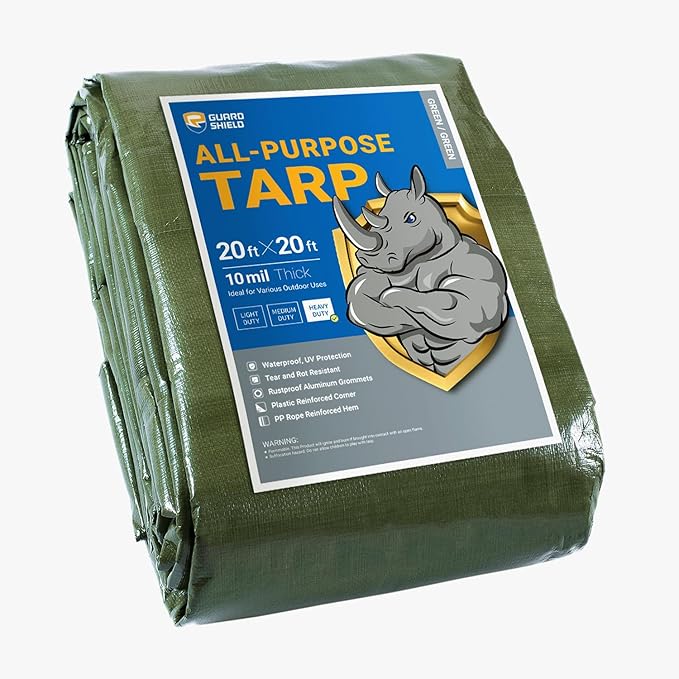 GUARD SHIELD Heavy Duty Tarp 20x20 Feet Green Multi Purpose Thick Waterproof Poly Tarp Cover 10mil