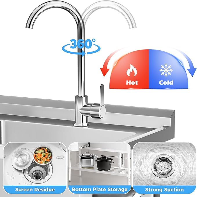 304 Stainless Steel Utility Sink – Free Standing Single Bowl with Workbench, Storage Drawer & Faucet, Hot and Cold Water Pipes for Laundry Room, Farmhouse, Outdoor Use (Left Drawer 47'' Sink)
