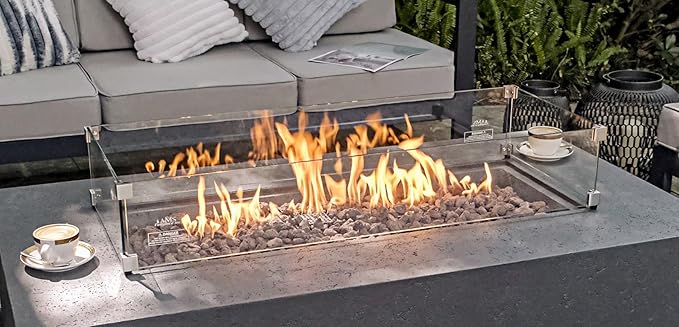AMS Fireplace | Rectangular Fire Pit Glass Wind Guard for Madison Fire Pit (Dark Gray) | Shielded from Patio Heater Flames | Tempered Glass with Polished Edges for Safety | Fire Table Glass Shield