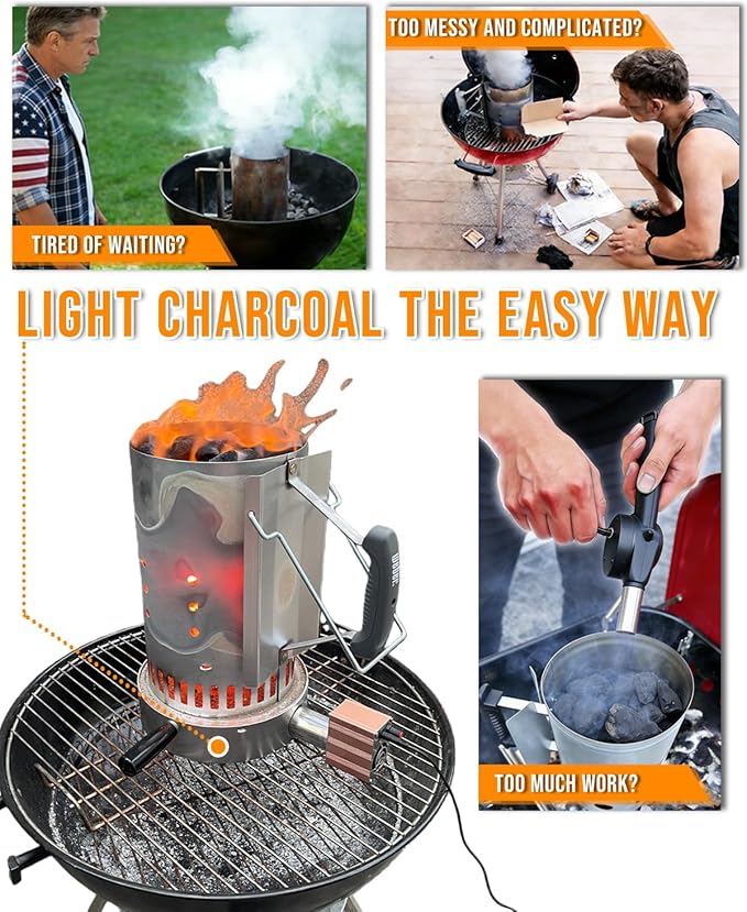 Charcoal Chimney Booster-Charcoal Starter Base & Coal Burner Blower, 10-Minute Rapid Ignition, Outdoor BBQ Accessories for Kingsford, Weber and Other Grill Chimney Charcoal Starter-Ideal Grilling Gift