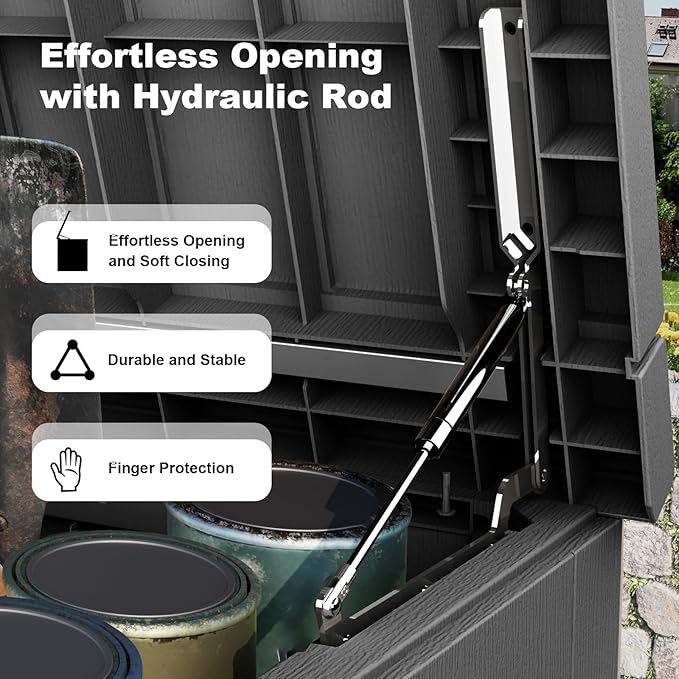280 Gallon Waterproof Outdoor Storage Box, UV Resistant Resin Deck Box with Hydraulic Rod for Reinforced Stability, Perfect for Patio, Garden, and Pool, Striped Black