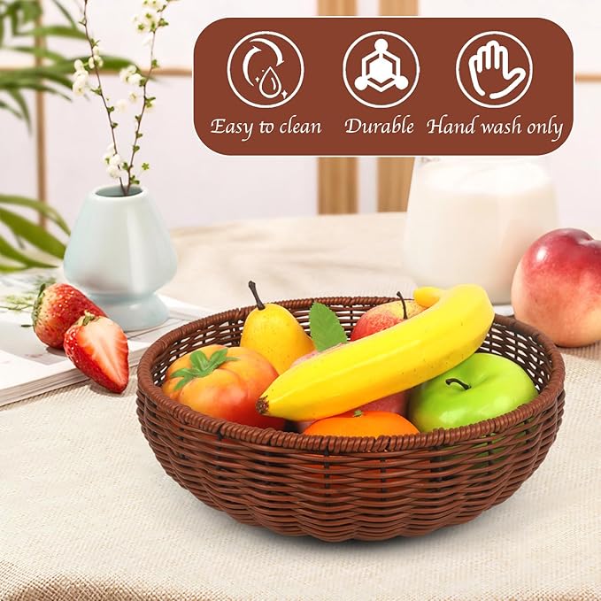Imitation Wicker Bread Basket, 3 Pack Woven Rattan Basket Round Woven Baskets Woven Breads Baskets For Serving Vegetables, Kitchen, Restaurant, Outdoor, 3 Sizes (Brown)
