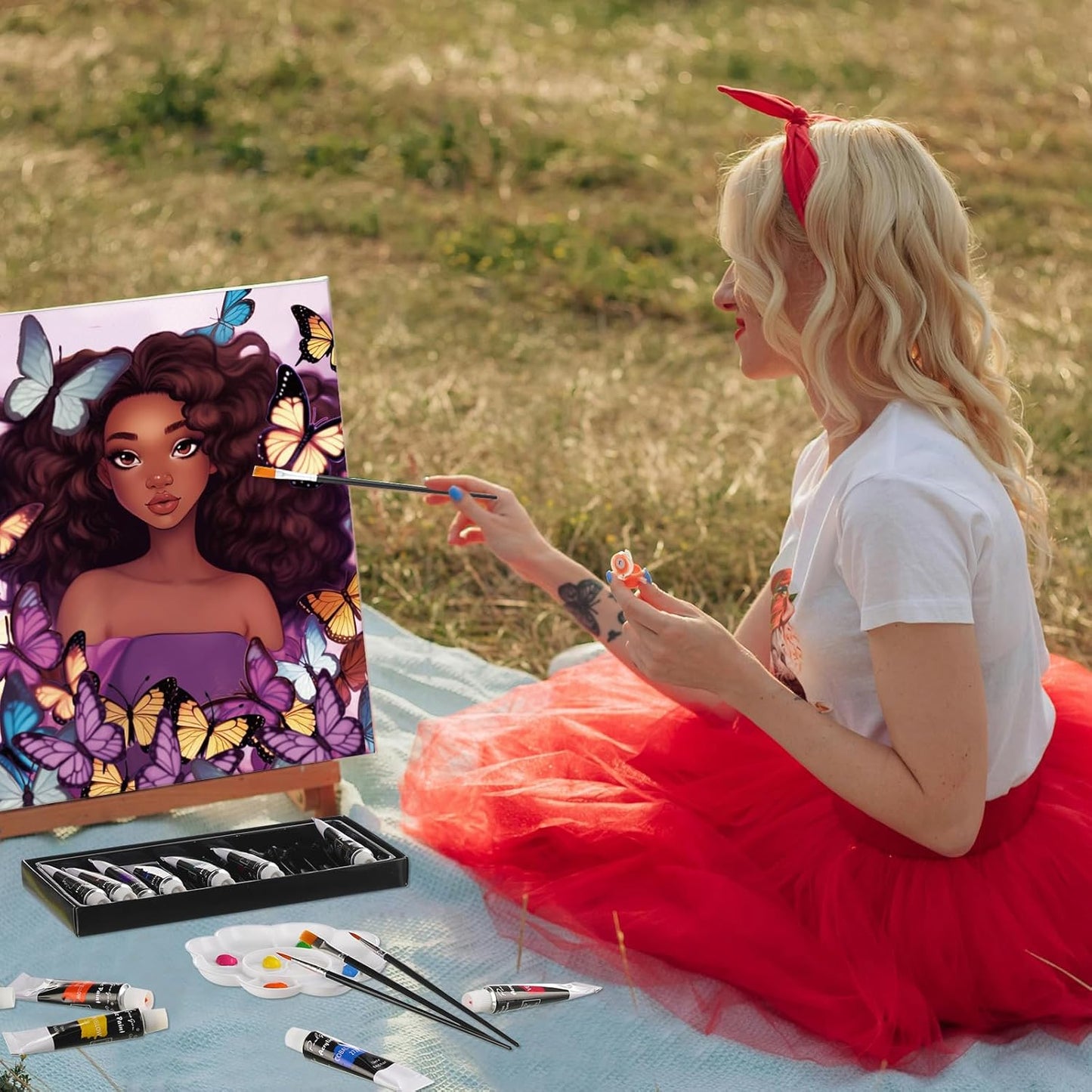 Cholemy 36 Pcs Paint and Sip Kit for Adults 8''x10'' Pre Drawn Canvas for Painting DIY Afro Acrylic Painting Kit Wood Easel Brushes Date Night Bulk for Christmas Party Gifts(Sunshine Lady)