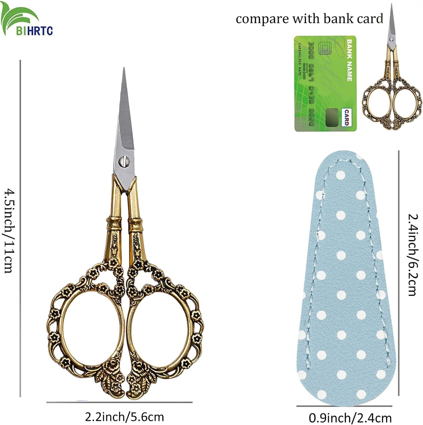 BIHRTC 4.5inch Small Sewing Scissors with Leather Case Sharp Tip Stainless Steel Scissors Vintage Shears Detail Yarn Thread Snips for Office Home Sewing Supplies Cross Stitch Needlework DIY Gold