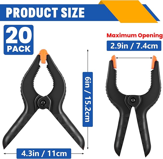 20 Pack 6 inch Plastic Spring Clamps, Black Heavy Duty Clips, Backdrop Clips, Plastic Clamps for Crafts, Backdrop Stand, Woodworking, Photography