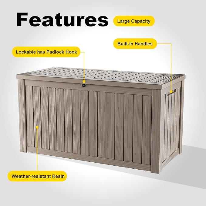 180Gallon Waterproof Outdoor Storage Box, UV Resistant Resin Deck Box with Hydraulic Rod for Reinforced Stability, Perfect for Patio, Garden, and Pool, Striped Beige
