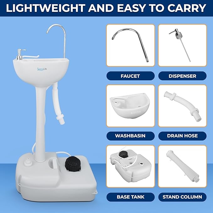 SereneLife Portable Hand Washing Station, 100+ Hand Washes, Hands-Free Foot Pump, Soap Dispenser, and Drain Hose, Ideal for Outdoor Events, Camping, Boating and Worksites