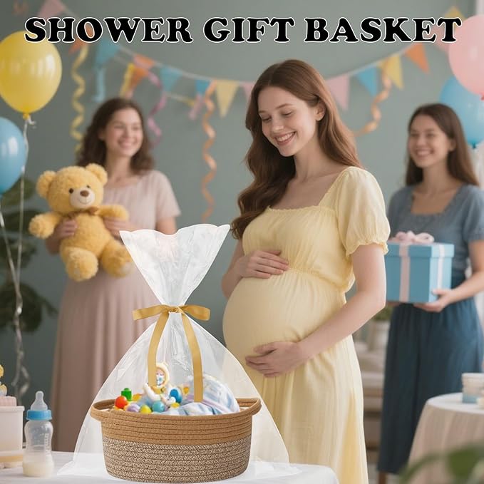 Gift Basket with Gift Bag and Ribbons,Small Rope Woven Shelf Storage,Baskets for Gifts Empty,Birthday,Baby Shower,Decorative Organizer Box with Handles(Jute&Mixed Brown)
