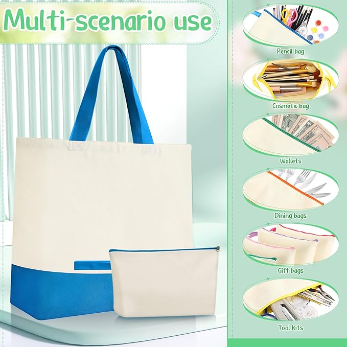 Sanwuta 24 Pcs Canvas Tote Bags Bulk with Zipper Cosmetic Bags 18.5" Cotton Canvas Bag with Handles Reusable Shopping Bags