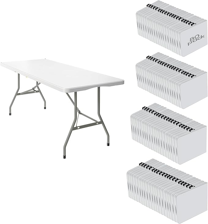 80 Pack of 6 Foot Foldable Table with Built in Handle & Steel Legs ,Heavy Duty Portable ,Perfect for Party, Dining, Wedding, Events, Picnic Indoor, Outdoor, Camping, Utility, Folding(white-80pac)