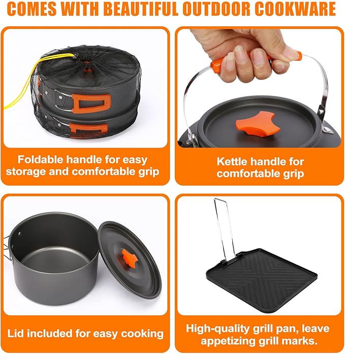 Hisencn Camping Stove,2 Burner Propane Stove,20000 BTU/h Camping Cooking set Includes Frying Pan,Kettle and Pot,Adjustable Burners & Piezo Ignition,Portable stove for camping Outdoor,Red