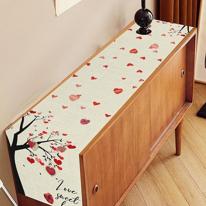 Valentines Day Table Runner,Rustic Love Tree Red Black Heart Valentines Runner for Table Seasonal Artistic Decor for Indoor Outdoor Dining Table Decorations, 13"x90"