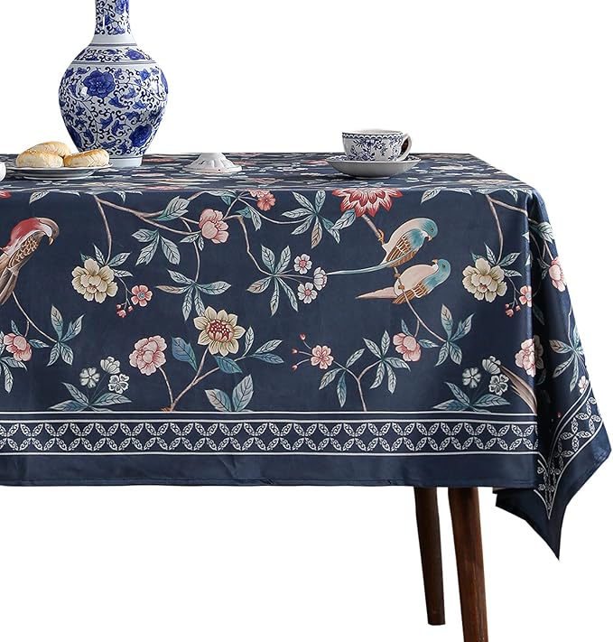 patdrea Designer Dark Blue Linen Rectangular Tablecloth,Vintage Navy French Floral and Birds Pattern Table Cloth,Decoration Table Cover for Kitchen,Dining,Tea Party,Home,Christmas,67"*118"
