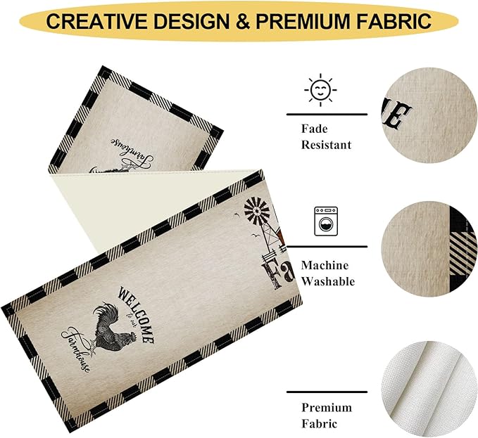 Farm Animals Table Runner, Rustic Farmhouse Cow Pig Rooster Watercolor Coffee Table Center Decor for Home Kitchen Dining Patio Holiday Party Indoor Outdoor Table Decorations, 13"x90" Inch