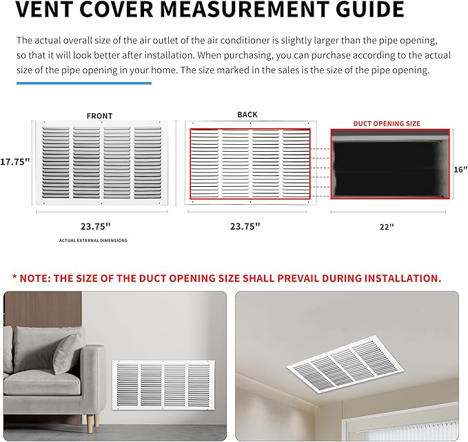 Air Vent 22 x 16(Duct Opening Size),Air Return Vent Cover,Flat Vent Cover,Rejillas De Aire Acondicionado para Casa,Return Air Grilles,Outer Dimensions:23.75"Wx17.75"H(22"W x 16"H, Duct Opening)