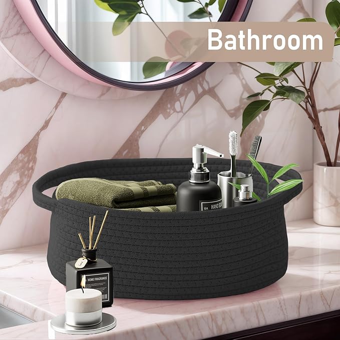 Woven Basket,Small Rope Storage Bin with Handles & Ribbon Bag, Organizer for Shelves Closets,Gift Basket Empty for Birthday,Books,Dog Toys, Black/3 Pack