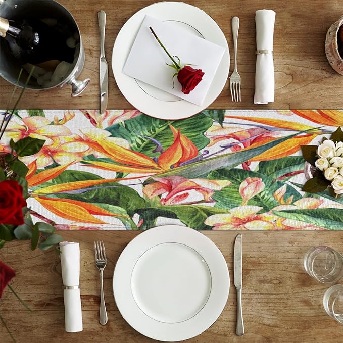Tropical Exotic Flowers Bird Paradise Table Runner Kitchen Dining Table Runner 13*48in Table Center Decor for Indoor Outdoor Home Holiday Party