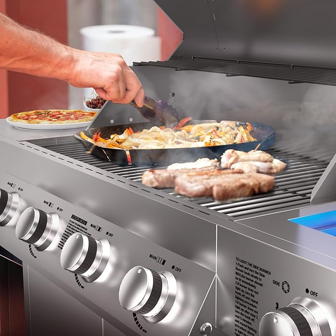 4 Burner Propane Gas Grill with Side Burner, Stainless Steel Gas Grill with Built-in thermometer & Enameled Cast Iron Grates, 58,000 BTUs Output for Outdoor Cooking and Patio Backyard Barbecue