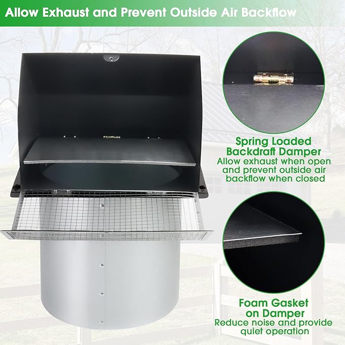 6 Inch Wall Vent Exhaust Vent Dryer Vent Cover Outside, 6" Hooded Wall Vent with Screen and Damper for Kitchen Range Hood Exterior Wall Vent Cover Cap Hood Vent Dryer Air Vent,Galvanized Steel,Black