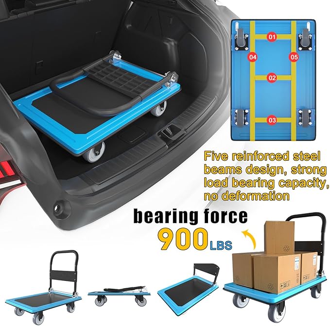 WUD Push Cart, Folding Mobile Platform Trolley,Thickened and Reinforced, 360° Swivel Wheels,30.3 “L x 19.7 ”W, 900 lb.Blue Dolly cart with Wheels