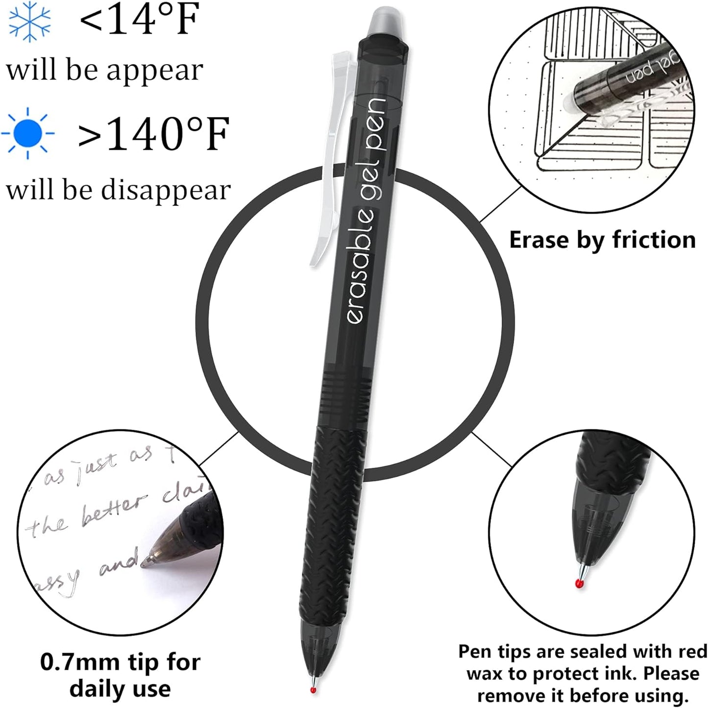 Vanstek 18 Pack Retractable Erasable Gel Pens Clicker, 9 Black & 9 Blue, Fine Point(0.7), Make Mistakes Disappear, Premium Comfort Grip Black & Blue Ink for Writting, Note Taking and Crossword Puzzles