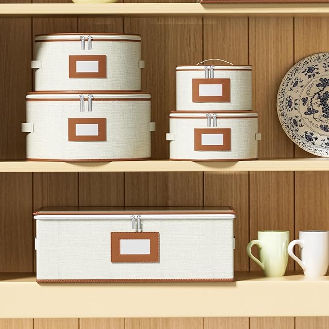 Aokeyee 4 Pcak China Storage Containers, Hard Shell Plates Storage Box with 48 Soft Divider for Saucer, Dessert, Salad, Dinner, Sturdy Quilted Stackable Dish Organizer for Moving & Protection, Ivory