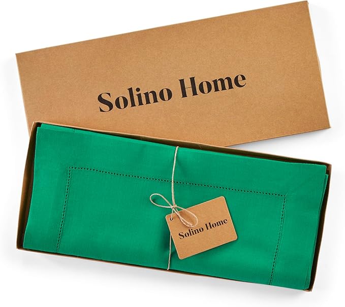 Solino Home Linen Table Runner 90 Inches Long - 100% Pure Linen Emerald Green Table Runner 14 x 90 Inch for St Patricks Day - Classic Hemstitch