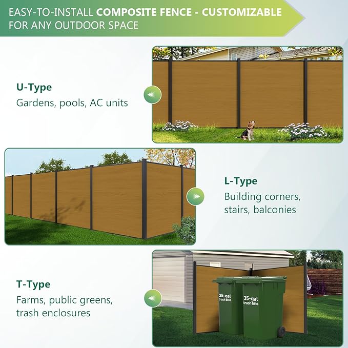 Mondaria Fence Privacy Screen with 8ft In-ground Posts, 6ft(H) x18ft(W) Wood Plastic Composite Fence Panels Weather-Resistant Outdoor Fence for Backyard/Garden (Yellow Teak, 4 Posts)