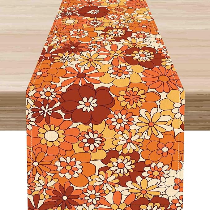 Orange Floral Table Runner, Retro Groovy 70s Hippie Floral Funky Cute Flower Trippy Coffee Table Center Decor For Home Kitchen Dining Patio Holiday Party Indoor Outdoor Table Decorations, 13"x90" Inch