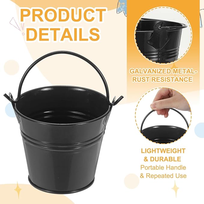 Small Metal Buckets, Mini Buckets with Handle Galvanized Colored Tin Pail Containers Basket Party Supplies - Fit for (Halloween - Classroom Crafts) 2.7" & 10Pcs & Black