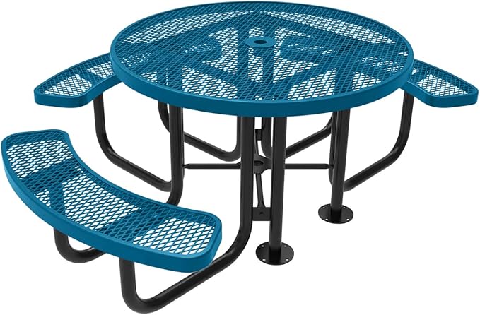 COATEDOUTDOORFURNITURE Heavy-Duty Portable Outdoor Picnic Table with Umbrella Hole, Expanded Metal Patio Dining Furniture Made in America (46" Round Top, Light Blue)