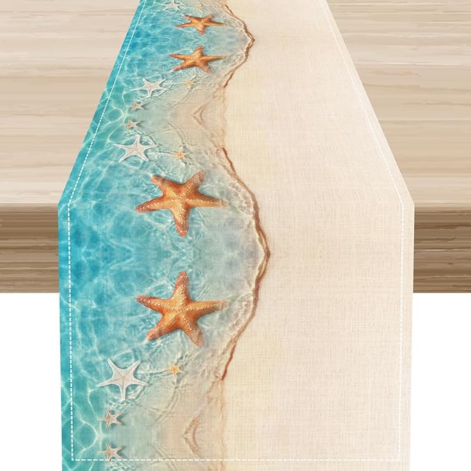 Summer Ocean Starfish Table Runner, Tropical Coastal Blue Sandy Clear Sea Water Waves Coffee Table Center Deco, for Family Kitchen and Living Room Farmhouse Party Table Decorations, 13" X 36"
