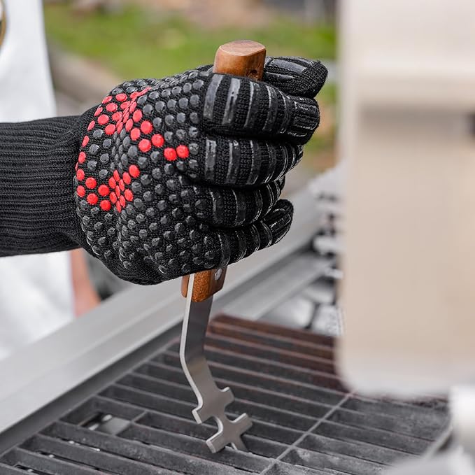 onlyfire 5PCS BBQ Tools, Heavy Duty Grill Kit with Wood Handles for Outdoor Camping, Multifunctional Griddle Utensil Set Including BBQ Spatula, Barbecue Tong, Meat Fork and Grate Liftes