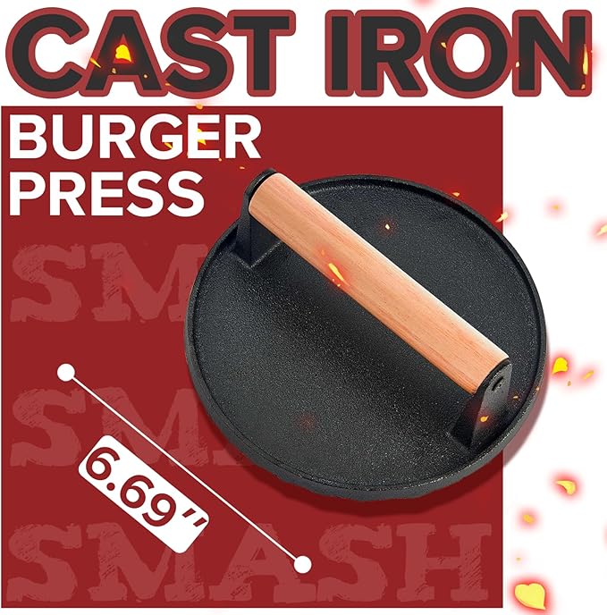 Smash Burger Press kit, Heavy-Duty Cast Iron Round Grill Bacon Press with Wood Handle, 3 in 1 Hamburger Press Patty Maker Tools, Cleaning Pad Set for Blackstone Griddle Flat Top Cooking
