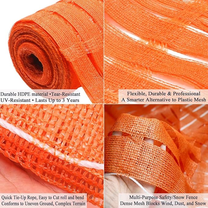 3x100 FT Orange Safety Fence, Plastic Mesh Roll for Temporary Barrier Use in Construction Sites, Snow Fencing Driveway Marking, Ski Trails, Crowd Control & Nighttime Emergency Warning
