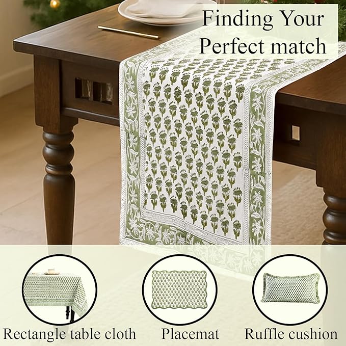 CPC Cotton Table Runner 16x106 inch Block Printed Long Fall Table Runner for Dining Table, Card Table, Coffee Table, Wedding, Farmhouse & Outdoor Barbeque-Emerald Green