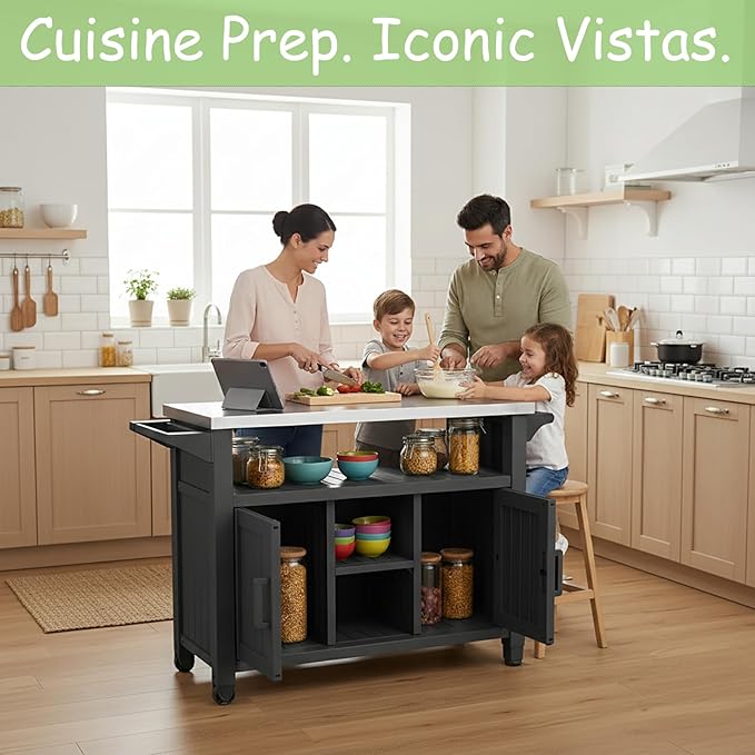Kitchen Island Cart, 54" Outdoor Indoor Rolling Patio Serving Table with Stainless Steel Top, All-Weather Resin Cabinet with Storage & Wheels for BBQ Party, Black