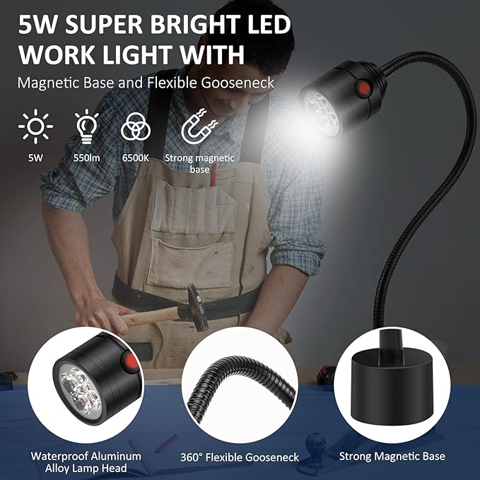 Magnetic Work Light, LED Machine Light with Flexible Gooseneck and Magnetic Base, Shop Tool Lamp for Lathe, Work Bench, Sewing Machine, Grill, Industrial Lighting Black