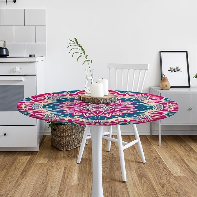 Beautiful Flower Mandala Round Table Cloth Cover, Elastic Edge Waterproof Wipeable Tablecloths 36"-42" Polyester Tablecloth for Party Restaurant Banquet Holiday Camping Outdoor Picnic