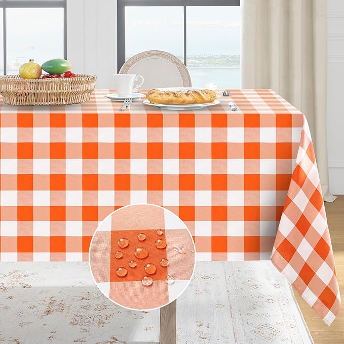 Softalker Gingham Checkered Tablecloth Rectangle - Outdoor Waterproof Buffalo Plaid Table Cloth, Stain Resistant Washable Table Cover for Picnic, Camping, Dining - Orange and White, 54 x 120 Inch