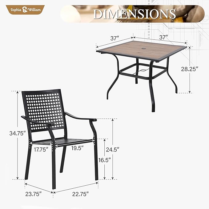 Sophia & William Patio Table and Chairs Set, Outdoor Dining Set for 4, 5 Piece Metal Patio Furniture, 37" Square Table with Wood-Like Tabletop(Geometry)
