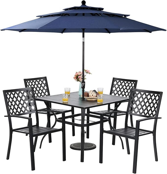 Sophia & William Metal Outdoor Patio Dining Set 6 PCS with 10ft 3 Tier Auto-tilt Umbrella(Navy Blue), 4 x Metal Outdoor Chairs, 1 x Square 37"x 37" Dining Table and 1 Patio Umbrella