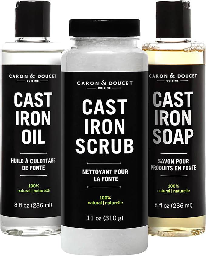 CARON & DOUCET - Ultimate Cast Iron Set: Seasoning Oil, Cleaning Soap & Restoring Scrub | 100% Plant-Based & Best for Cleaning Care, Washing, Restoring & Seasoning Skillets, Pans & Grills!