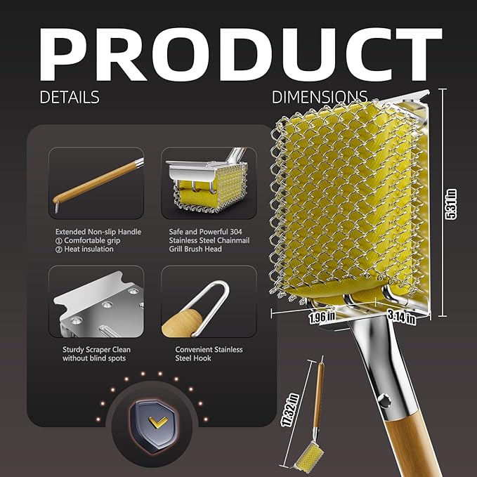 HOUSE AGAIN Grill Brush Bristle Free with Scraper, Safe Steam Cleaned Replaceable Head Fire Resistant Grill Cleaning Brush Strong Barbecue Brush Cleaner Non Wire for Outdoor Grill Grate/Wooden Handle