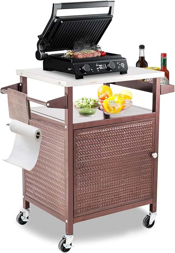 Outdoor Pizza Oven Table,Outdoor Table with Waterproof Cover, Movable Pizza Oven Stand Tables (Brown)